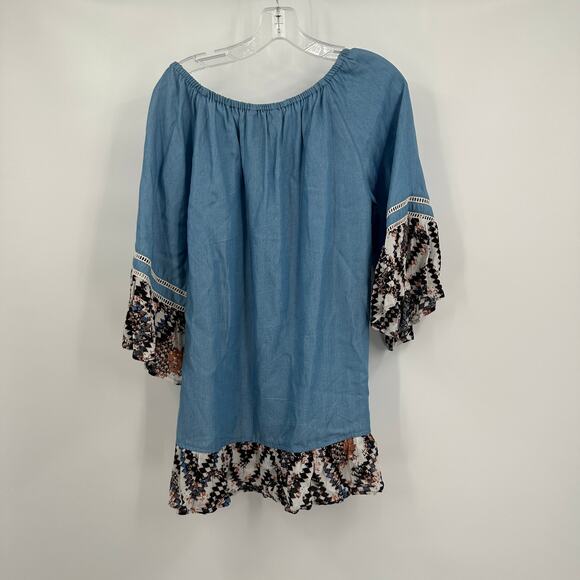 Ali Miles Womens Pullover Top Size M Blue Boho Peasant Southwestern Bell Sleeve - Picture 2 of 8